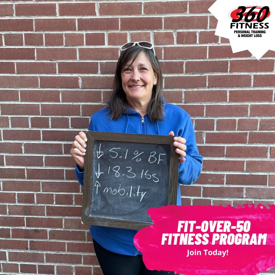 Brenda with her Fit Over 50 results at 360 Fitness Red Deer