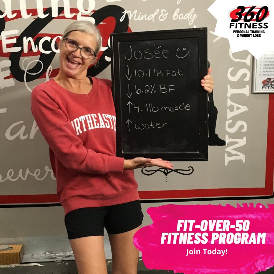 Josee with her Fit Over 50 results at 360 Fitness Red Deer