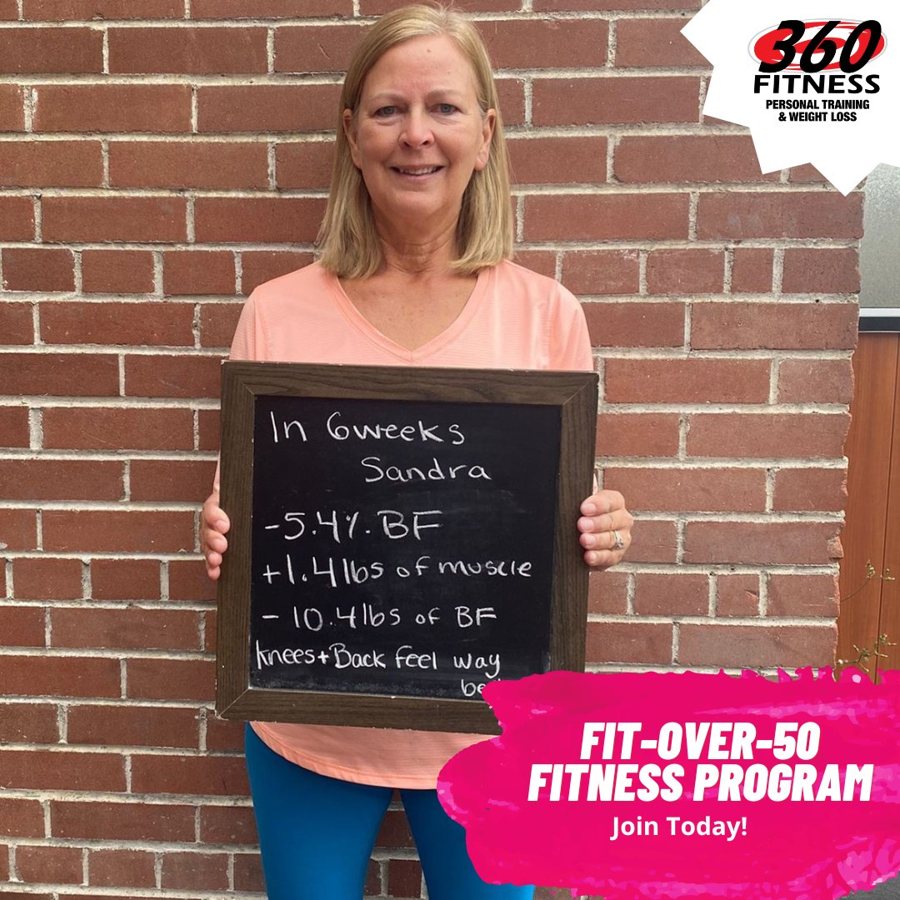 Sandra with her Fit Over 50 results at 360 Fitness Red Deer